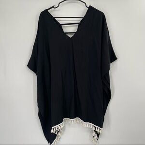 NWT Black with White Tassel Fringe V Neck Beach Swim Kaftan Cover Up